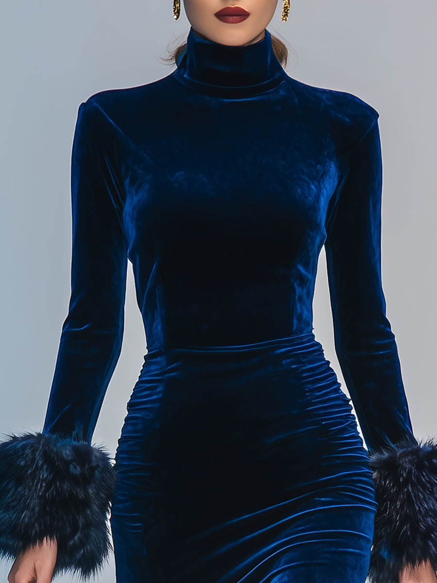 Robe Velours Chic et Sensuelle avec Col Montant, Manches Longues et Fente Audacieuse