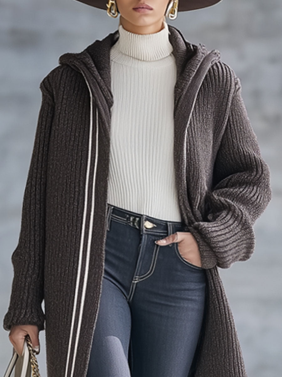 Chic Cardigan à Capuche Rayé en Chocolat Brun - Style Décontracté
