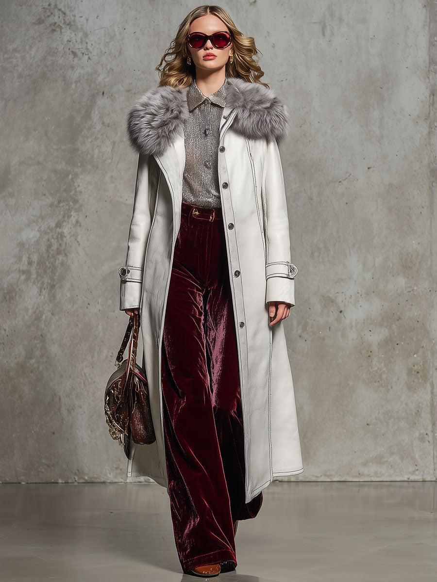 Veste Longue en Simili Cuir Blanc avec Col en Fourrure Vintage Chic