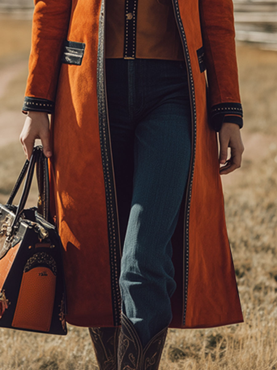 Veste en Faux Suède Orange Nomade au Style Western Rétro avec Détails Noirs