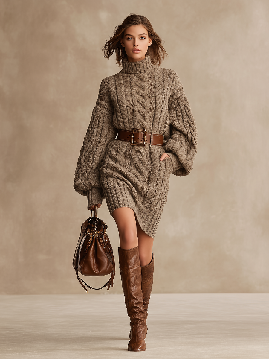 Robe Vintage Mini en Tricot à Câbles avec Col Roulé et Manches Longues