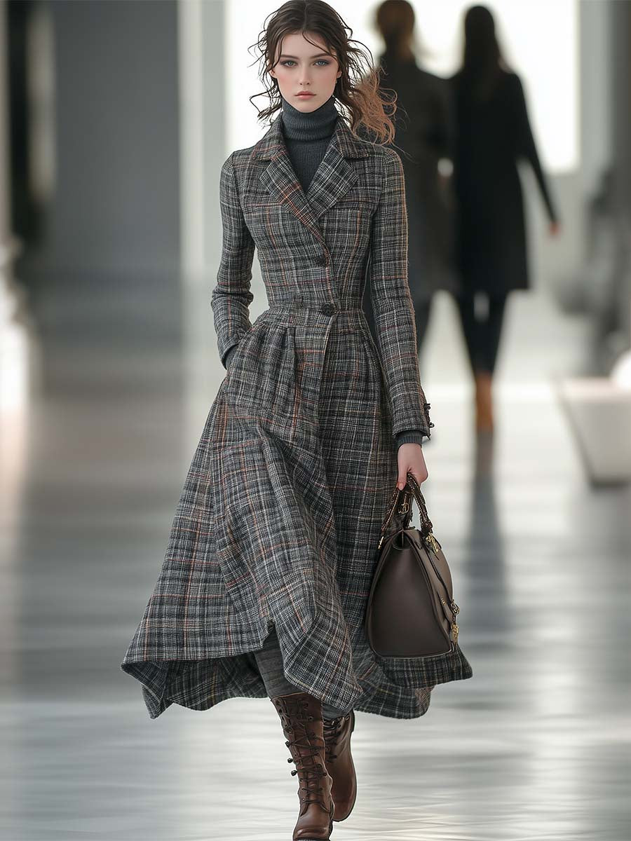 Élégant Manteau Rétro en Laine Grise à Carreaux avec Revers