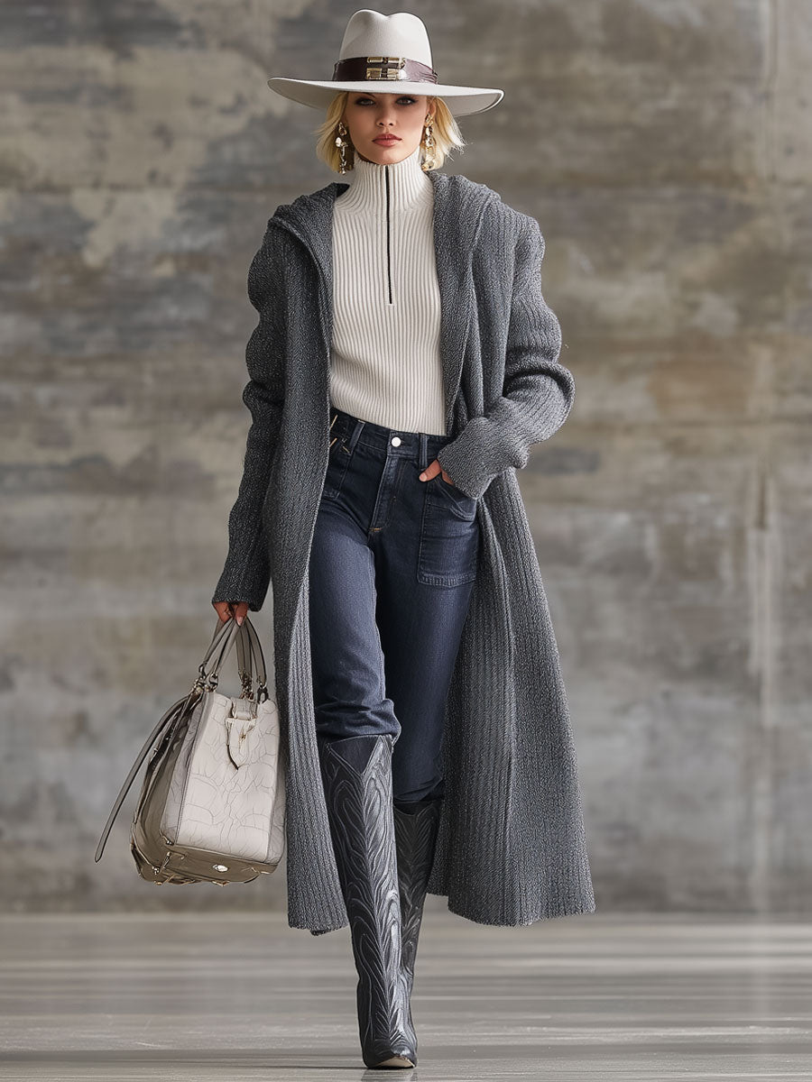 Cardigan Vintage à Capuche en Tricot Gris - Style Décontracté