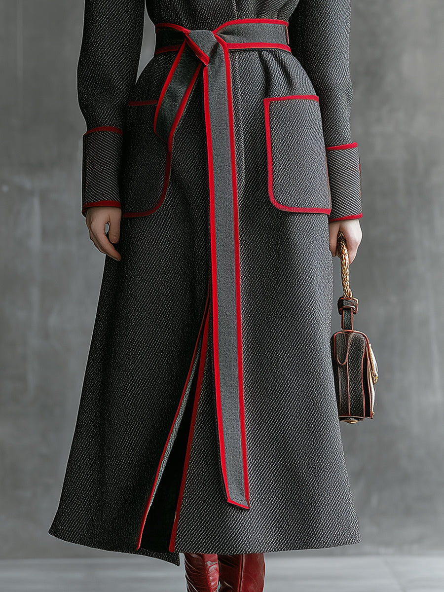 Veste en Laine Twill Gris Élégante avec Col Montant et Détails Rouges