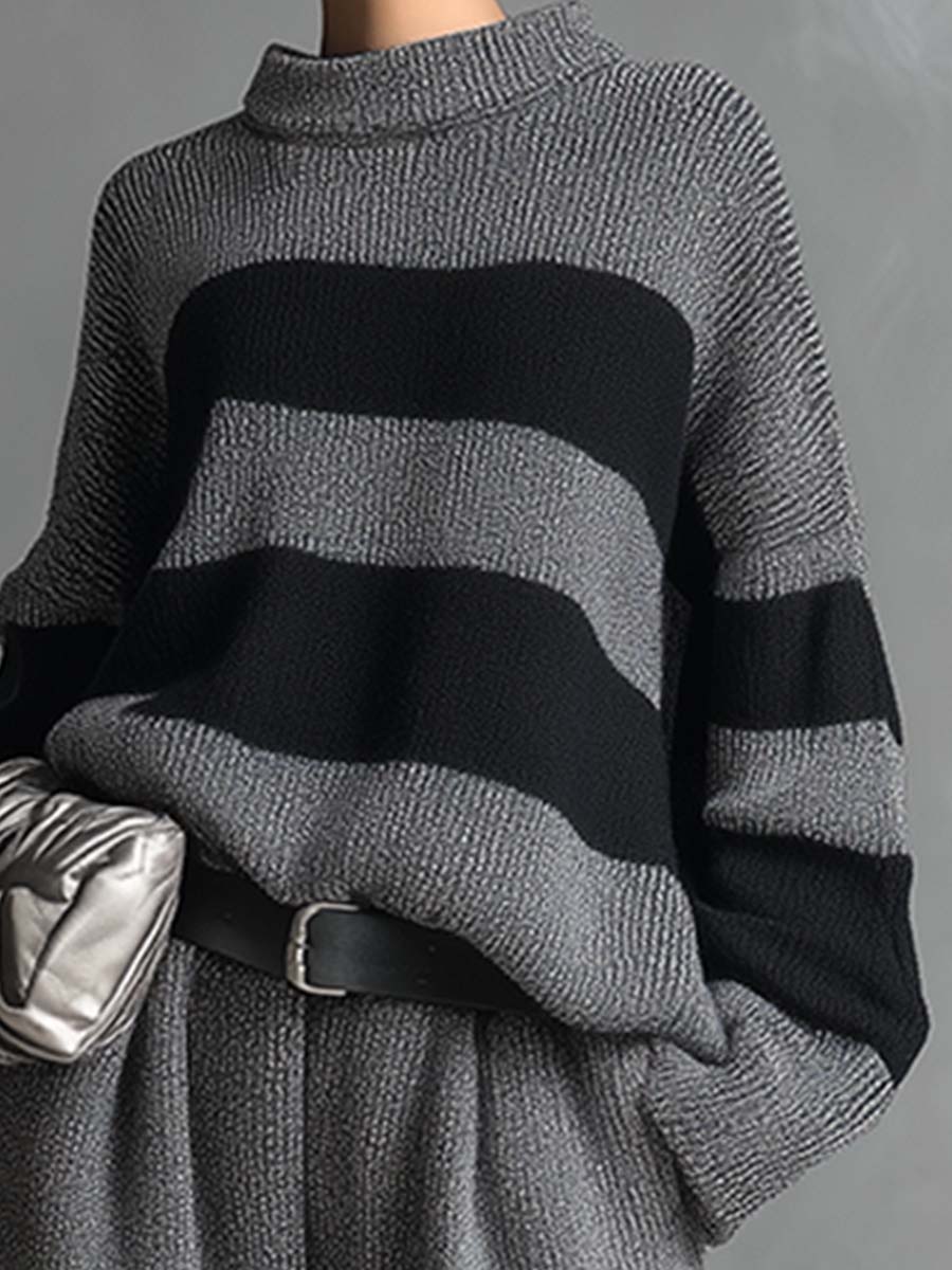 Ensemble Élégant en Tricot à Rayures Grises avec Pantalon Large - Confort et Style Assurés