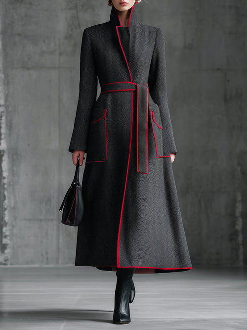 Chic Manteau en Laine Gris à Chevrons avec Détails Rouges Élégants