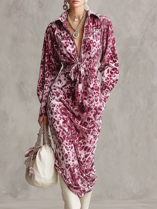 Robe Midi en Velours à Imprimé Léopard avec Demi-Zip