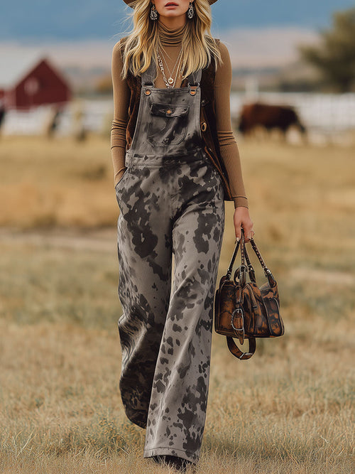 Salopette Grise en Faux Suède à Motif Vache - Style Nomade Rétro Western