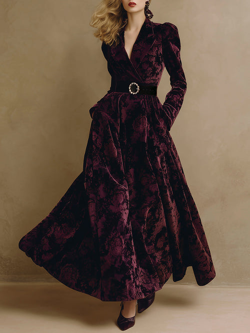 Robe Maxi en Velours Jacquard Bordeaux Élégante