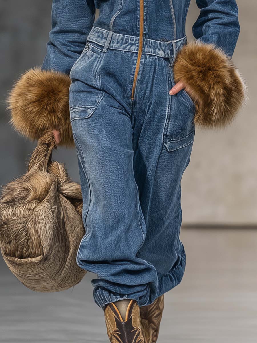 Salopette en Jean Bleu Vintage Wild West avec Capuche et Manches en Éco-Fourrure