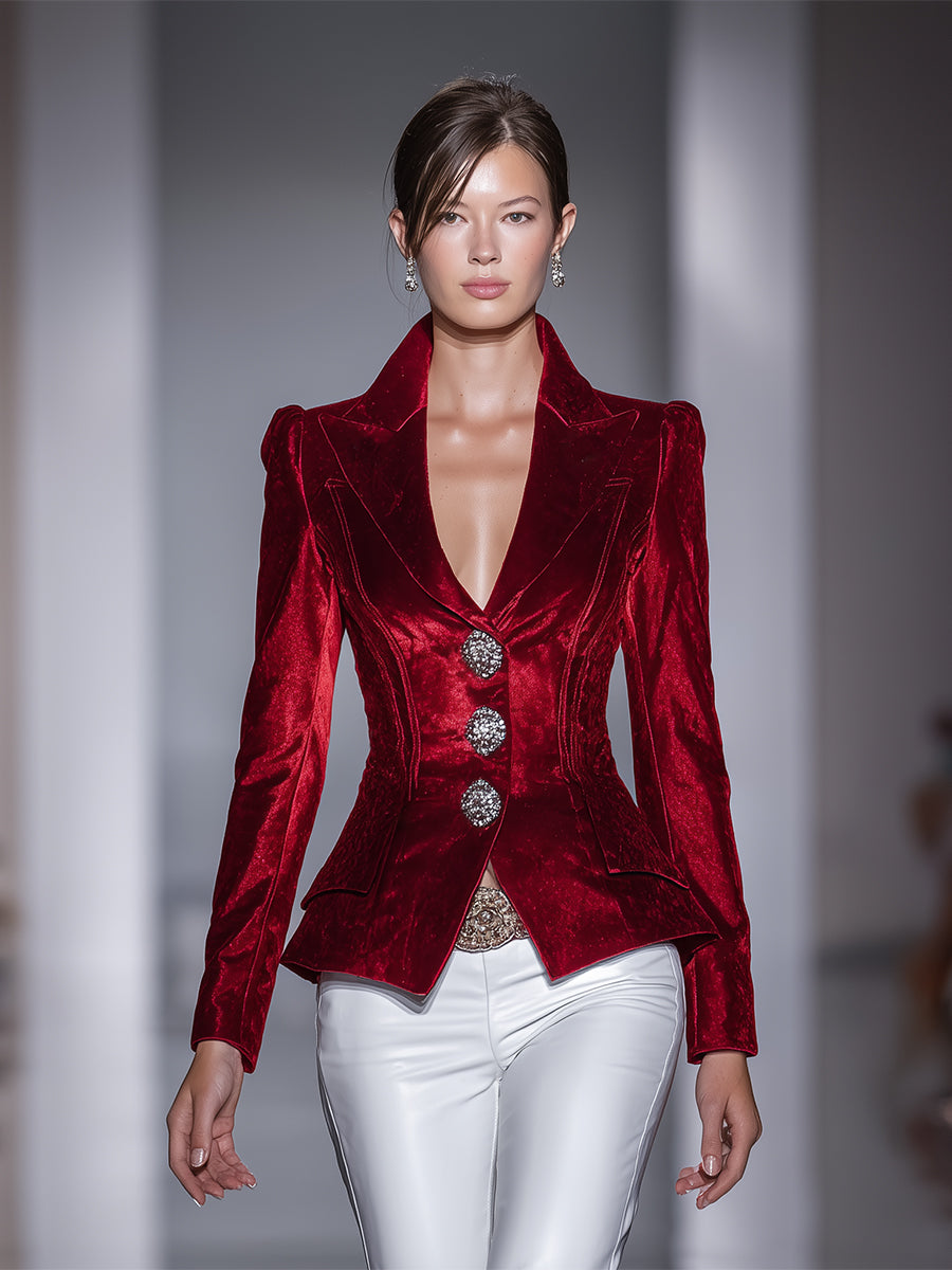Blazer Vintage en Velours Rouge Éclatant avec Détails en Diamant