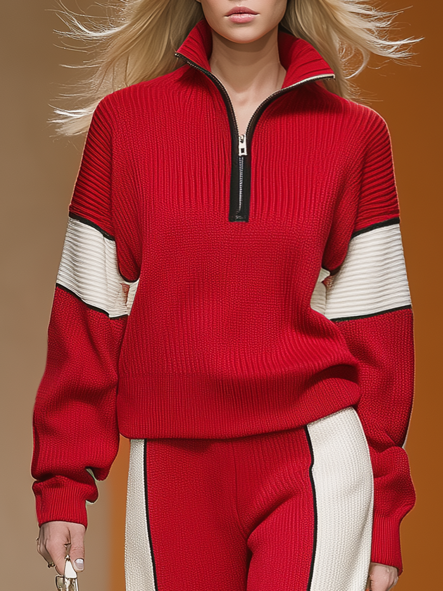Ensemble Sportif Rétro : Haut et Pantalon Tricot à Couleurs Contrastées