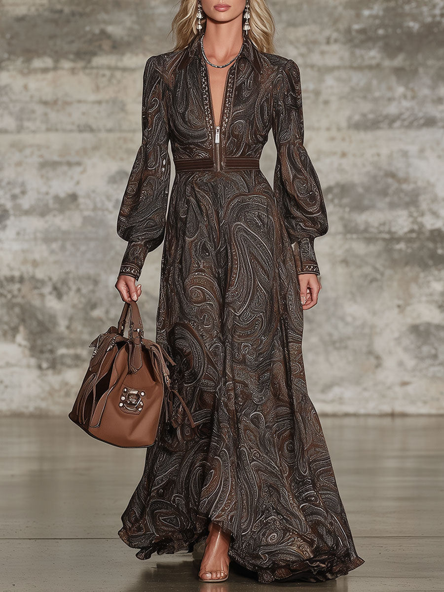 Robe Maxi Zippée au Motif Paisley Vintage