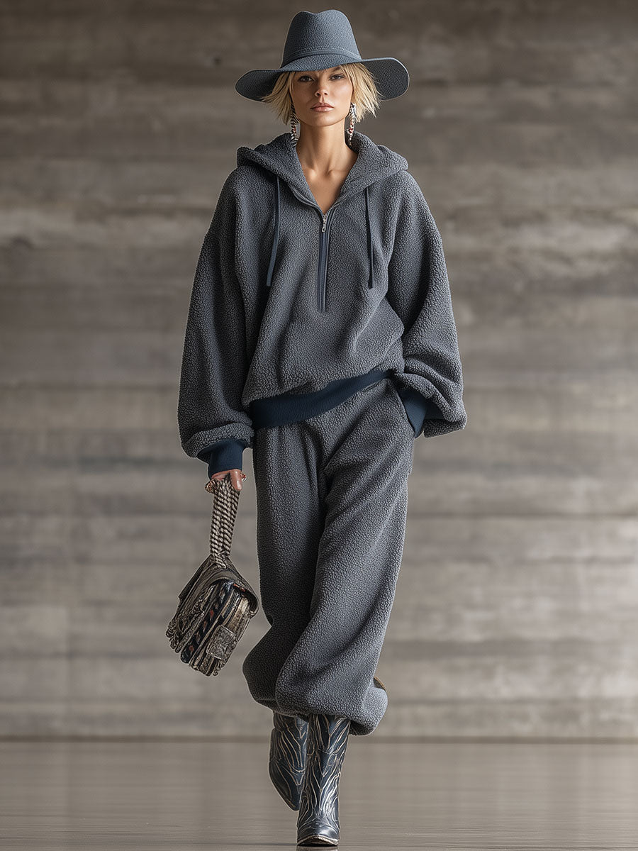 Ensemble Sportif Vintage en Polaire Grise à Demi-Zip