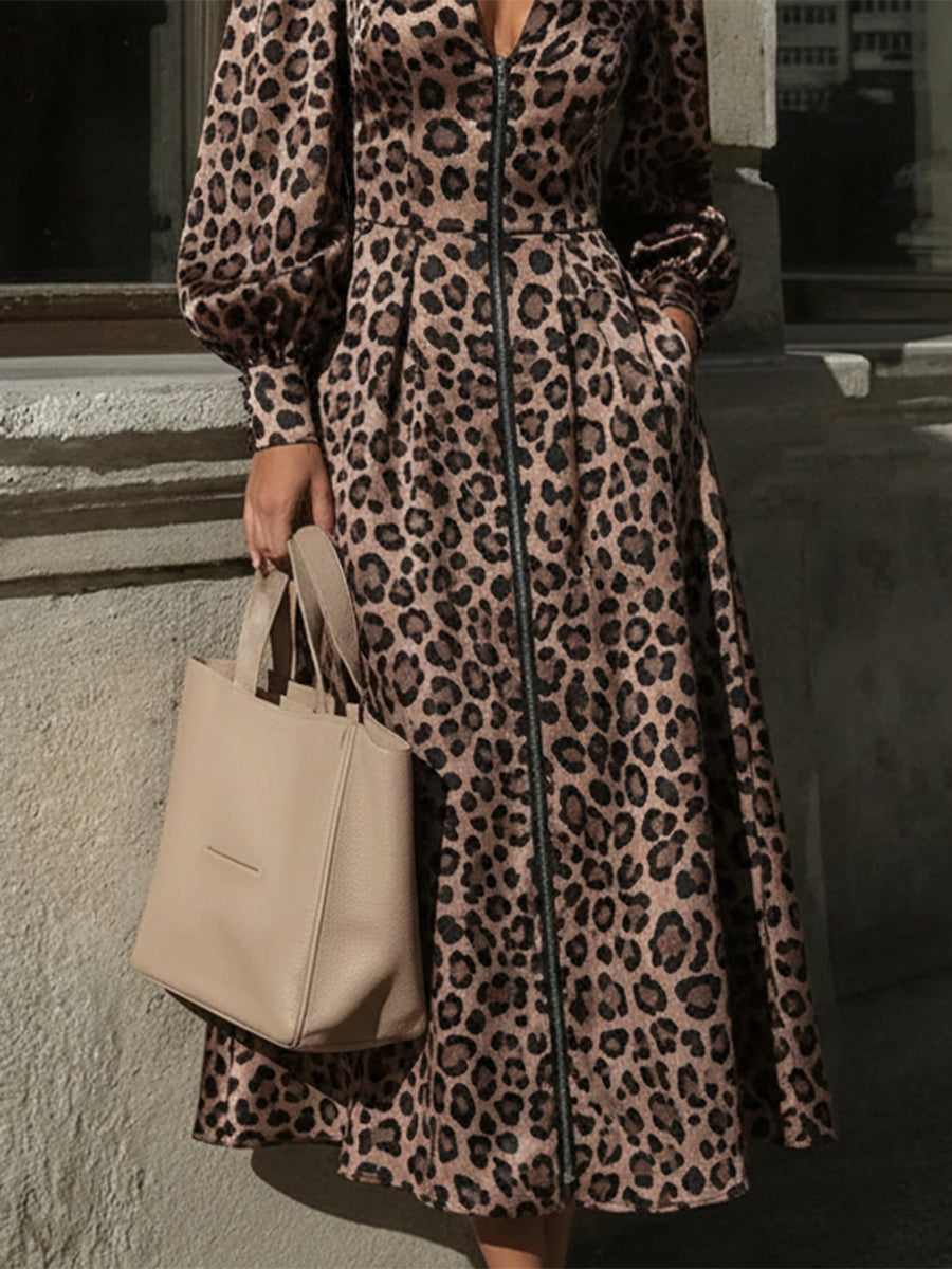 Robe Maxi Zippée à Col en V - Imprimé Léopard Rétro