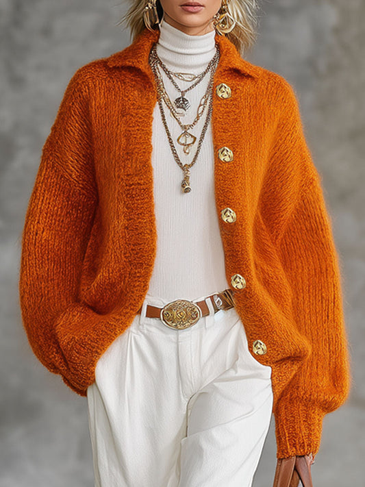 Cardigan Orange Tricoté avec Col Revers et Boutonnage Simple