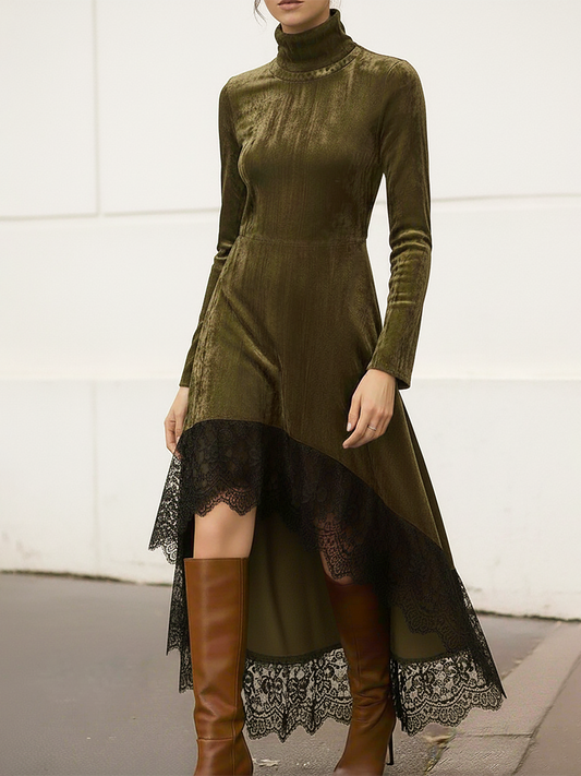 Robe Vintage en Velours Élégante avec Col Montant, Manches Longues et Ourlet en Dentelle