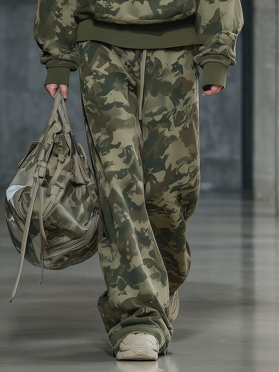 Ensemble Décontracté : Sweat à Col en Fausse Fourrure et Pantalon Large Camouflage