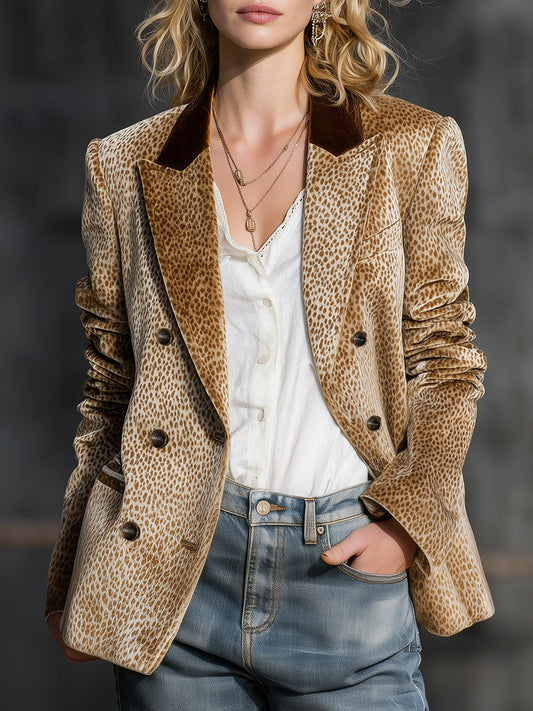 Veste en velours rétro à col color-block et motif léopard tendance