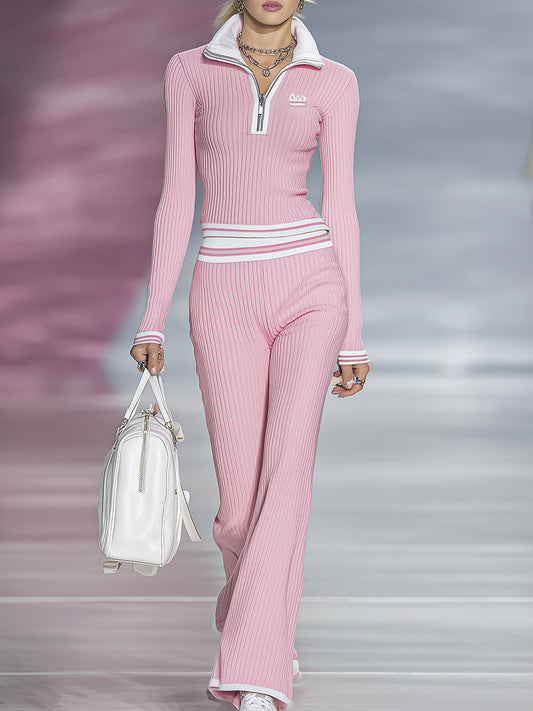 Ensemble Sportif Chic : Haut et Pantalon à Zip Demi-Ouvert en Rose