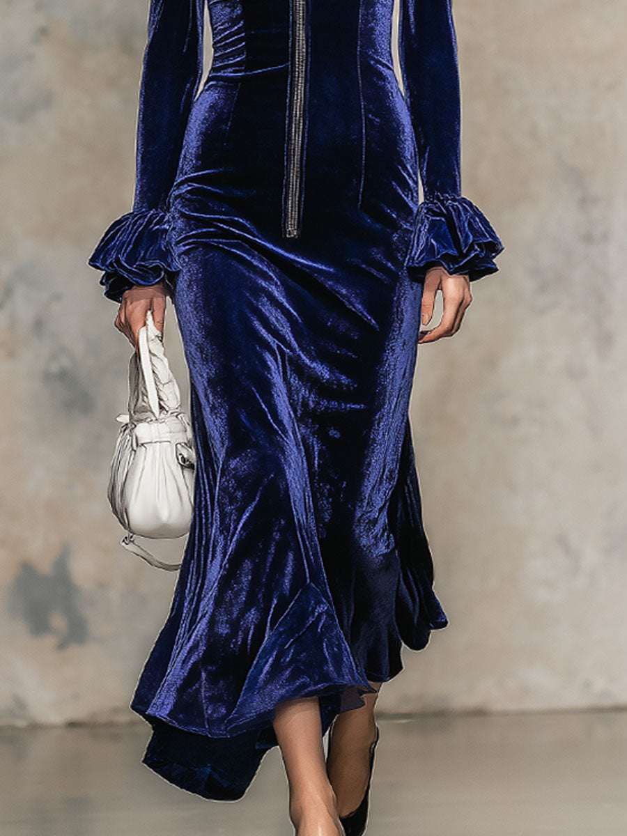 Robe Maxi en Velours Élégante avec Col en Cuir Synthétique et Fermeture Éclair Longue