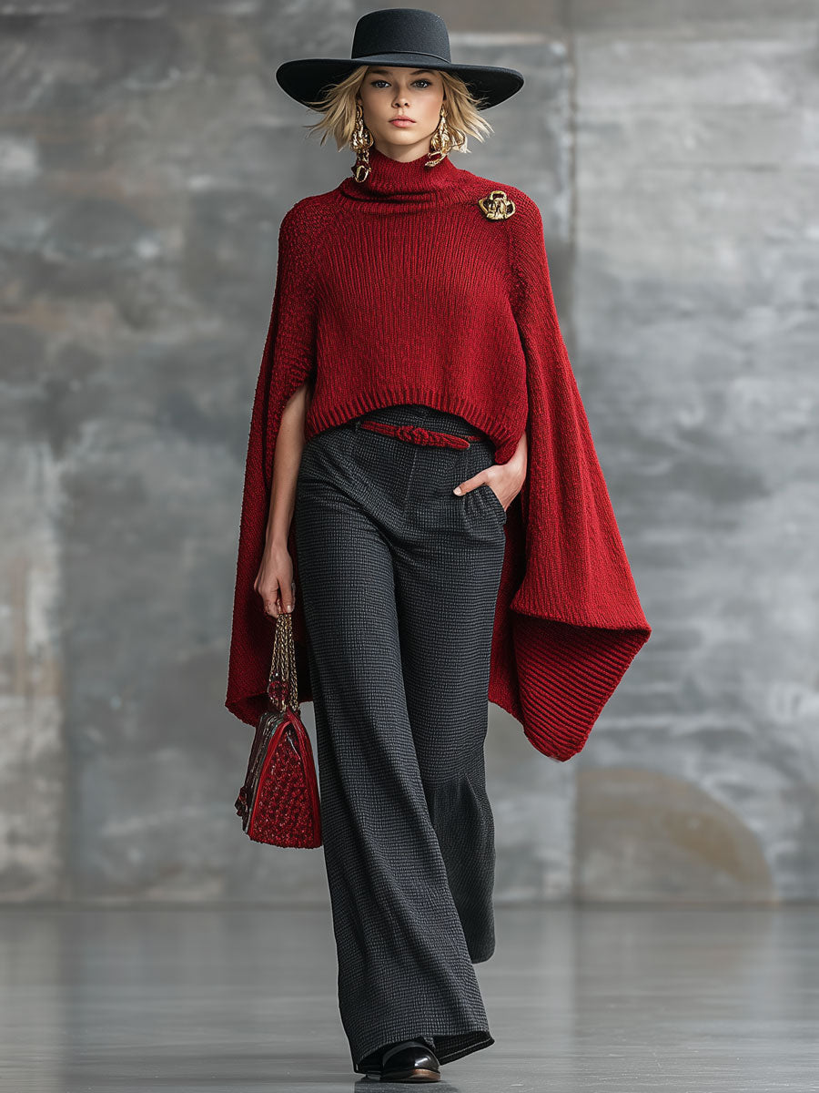 Rétro Rouge : Pull Cape Tricoté Élégant