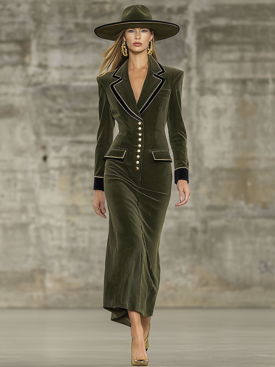 Robe Midi en Velours Côtelé Vert Vintage
