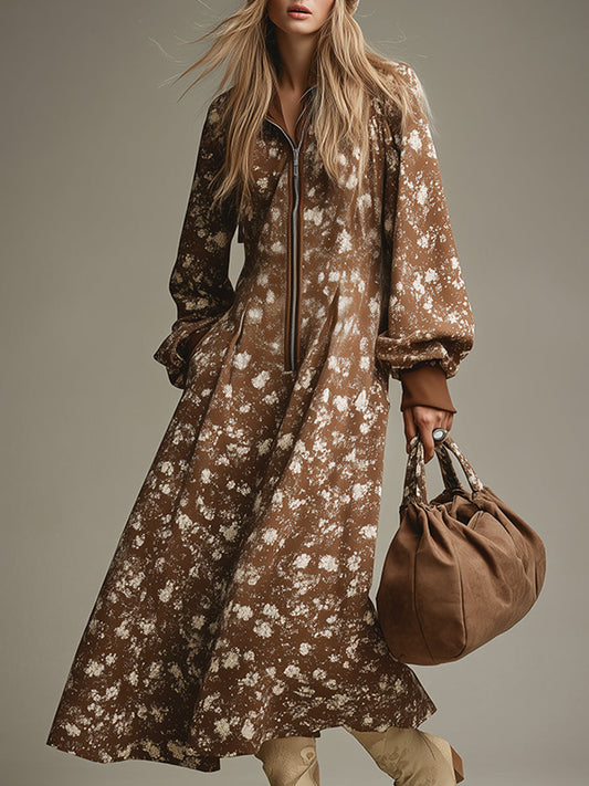 Robe Maxi Décontractée en Brun Imprimé avec Zip Demi-Ouvert - Style Rétro