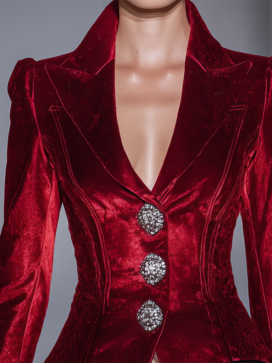 Veste Vintage en Velours Rouge avec Détail en Diamant