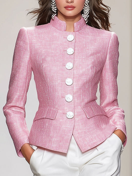 Veste en Tweed Élégante avec Col Montant et Fermeture Boutonnée