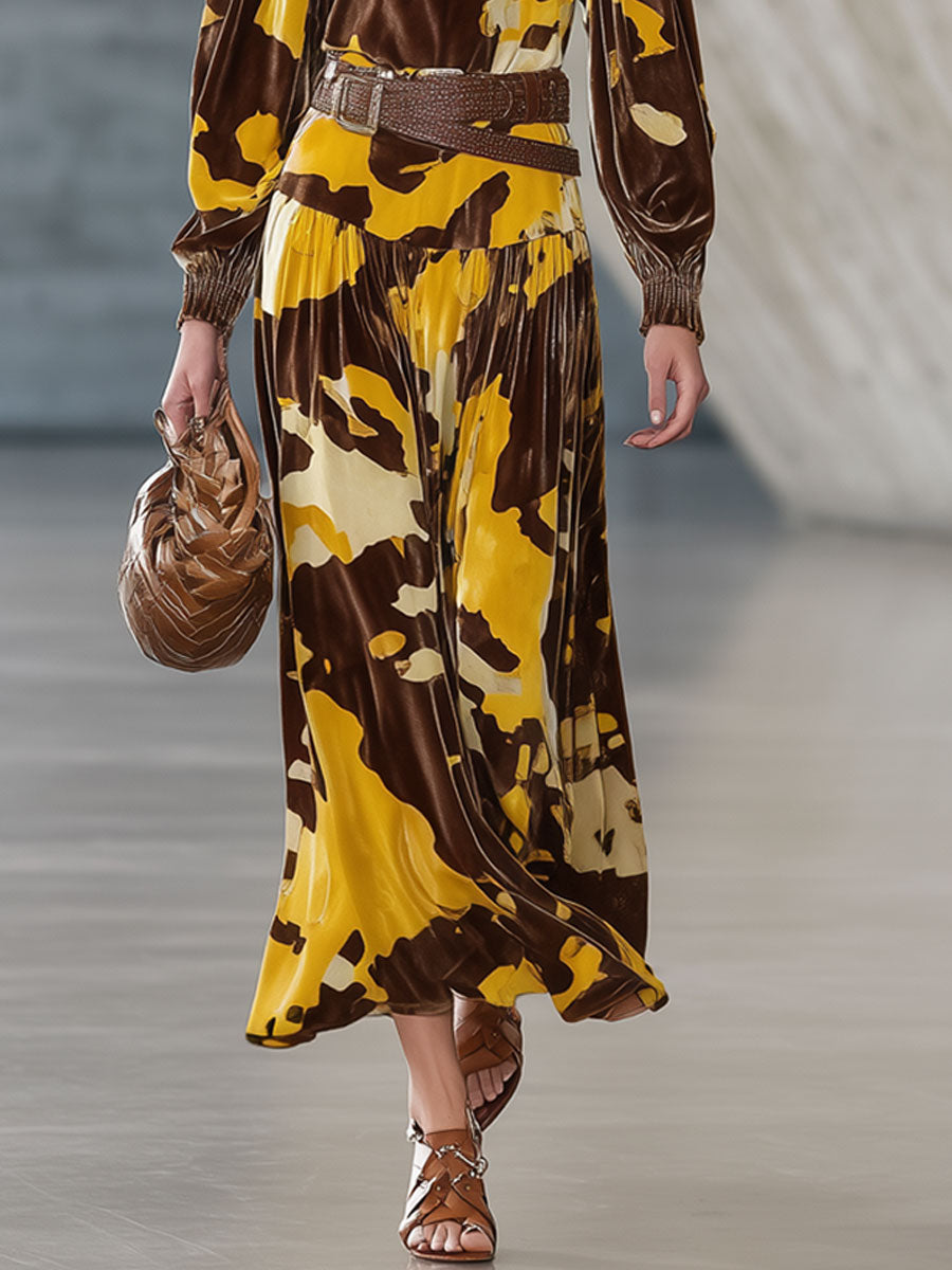 Robe Midi Velours Marron à Motif Vache Rétro avec Manches Longues