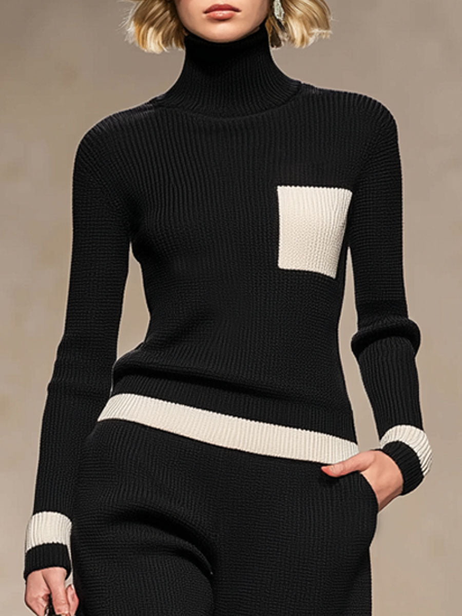 Ensemble Tricoté Chic : Pull Col Roulé Contrasté et Pantalons Évasés