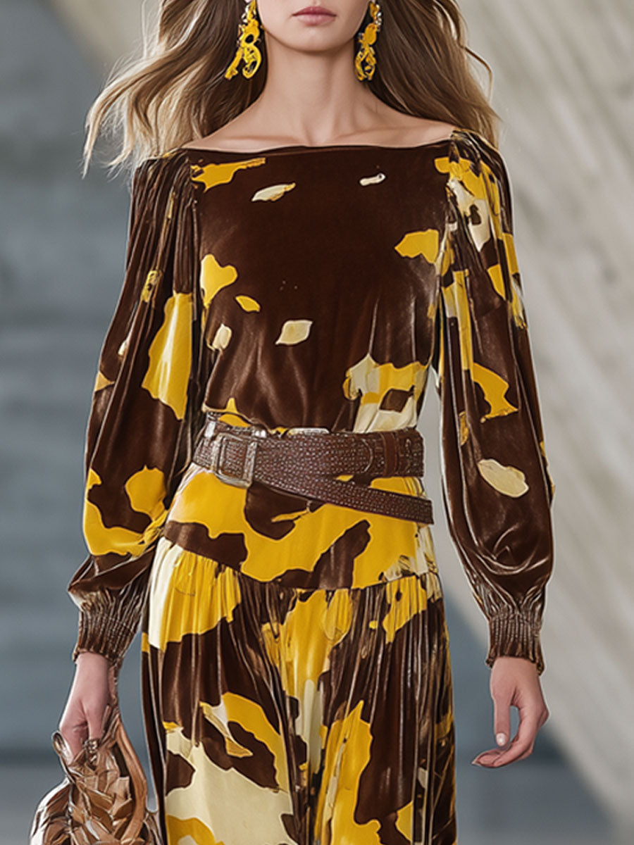 Robe Midi Velours Marron à Motif Vache Rétro avec Manches Longues