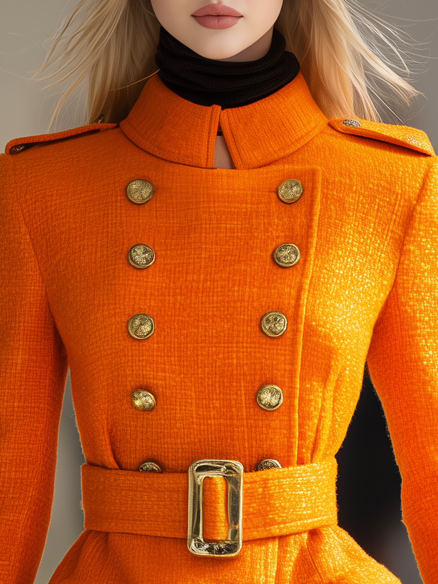 Veste Vintage en Tweed à Col Haut et Double Boutonnage