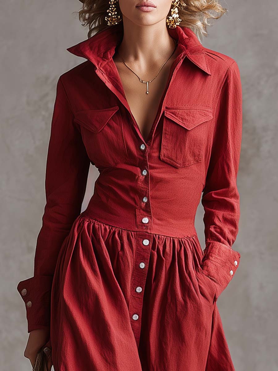 Robe Maxi Élégante en Coton et Lin Rouge - Style Coupe-Vent avec Détails Boutonnés