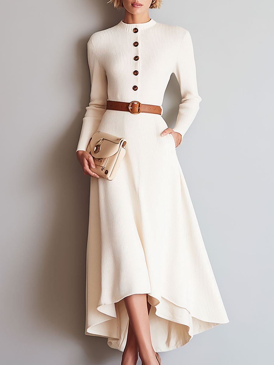 Ample Vintage Beige Knitted Midi Button-Up Dress