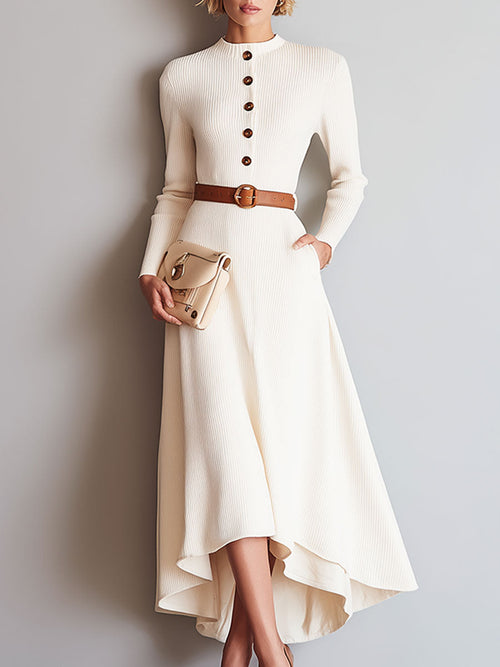Ample Vintage Beige Knitted Midi Button-Up Dress