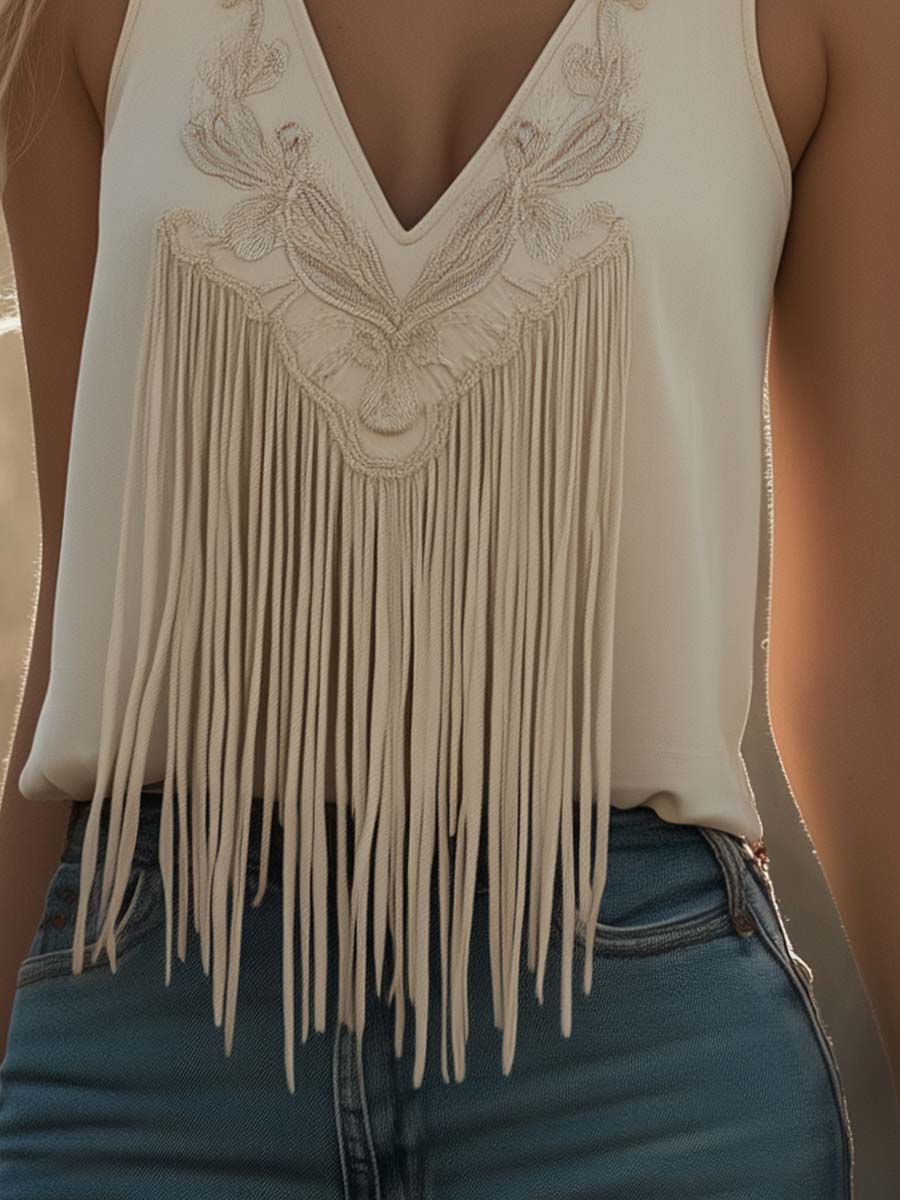 Veste Beige à Col V avec Broderie Western et Franges - Élégance Moderne, Expédition en 24 Heures!