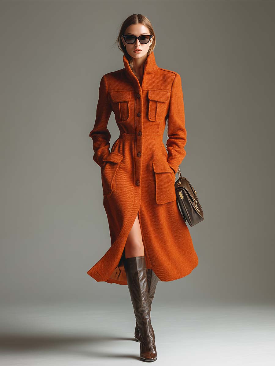 Veste Urbaine Élégante Mi-Longue à Col Montant et Poches Orange