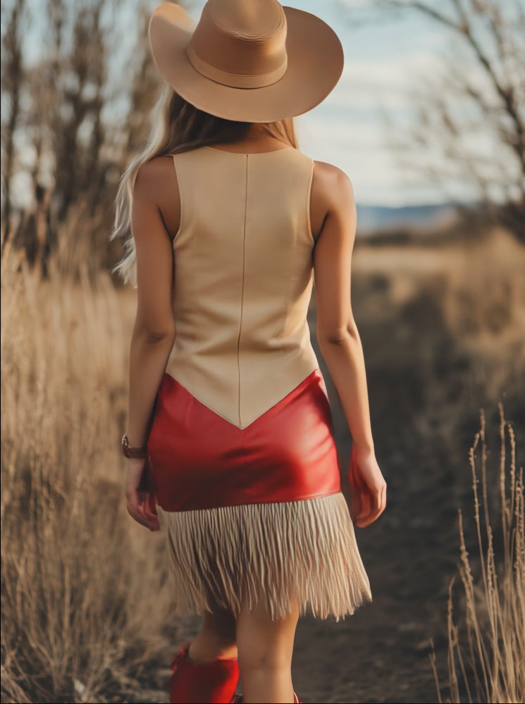 Expédition Rapide en 24h : Robe Mini Élégante Sans Manches au Style Rétro Western avec Franges Contrastées