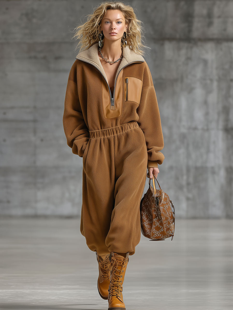 Combinaison Zippée en Polaire Double Face Camel - Style Rétro et Confort Décontracté