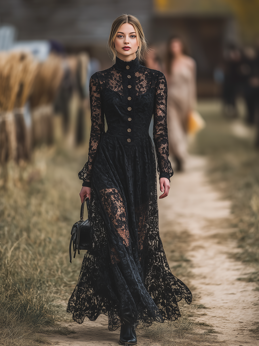 Robe Maxi en Dentelle Élégante avec Col Montant - Style Western Chic