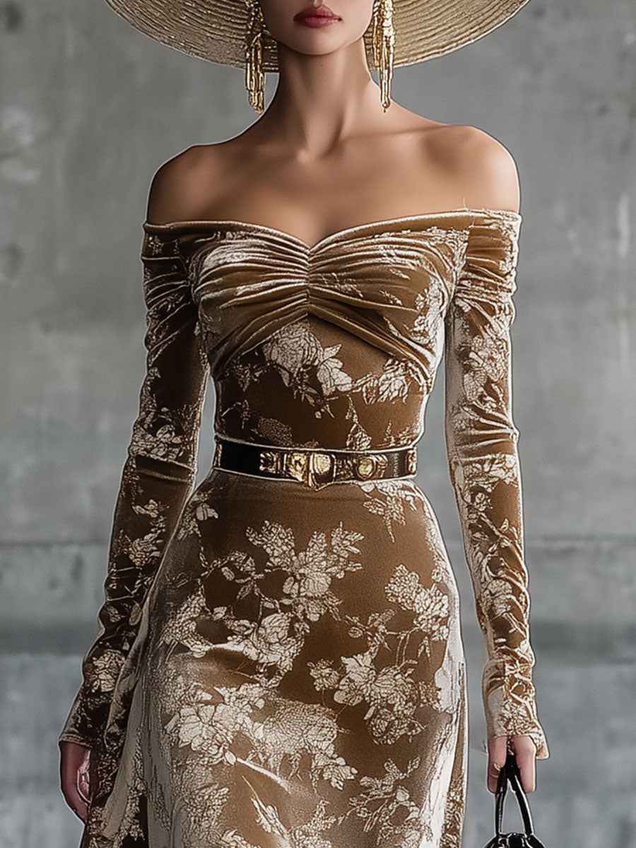 Robe Midi Rétro en Velours Imprimé Caramel