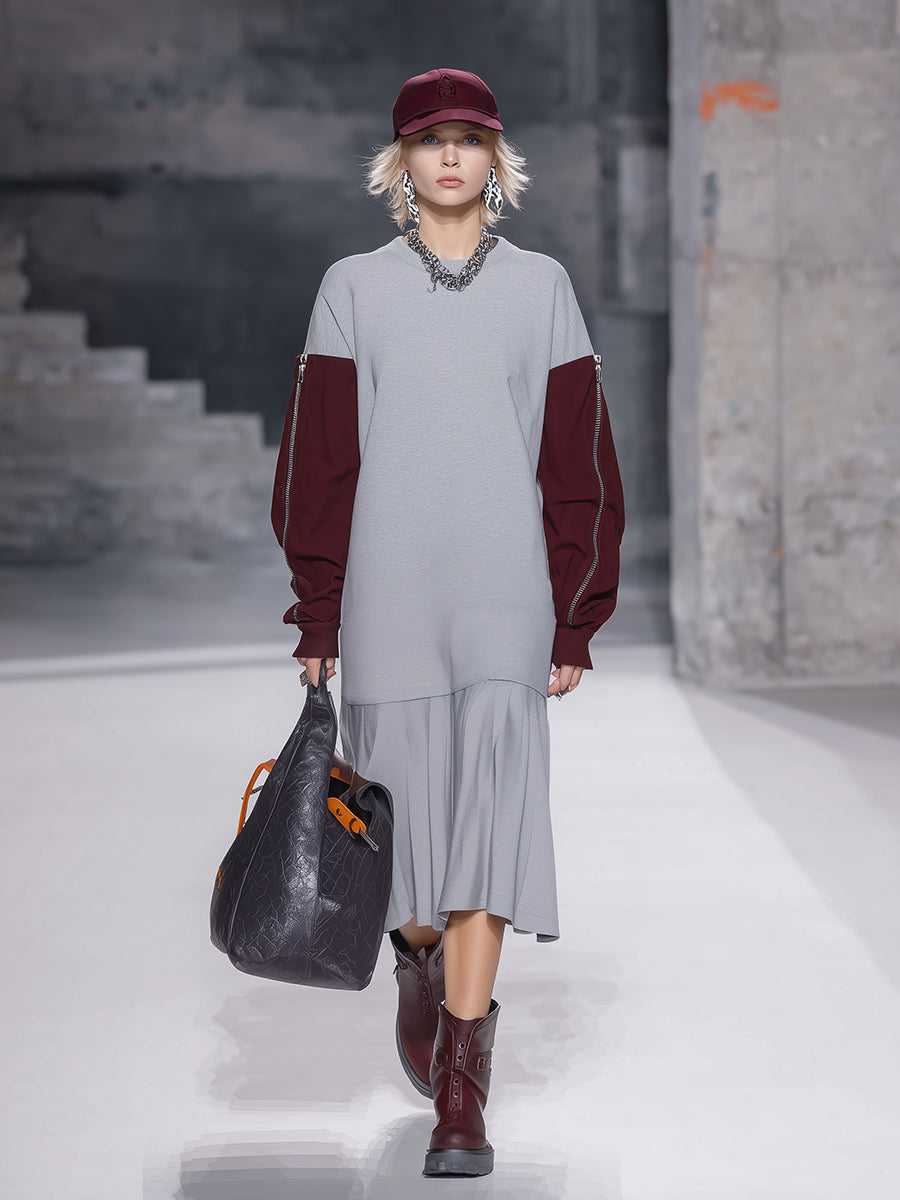 Robe Midi Sportive avec Ourlet Plissé et Détails Contrastants