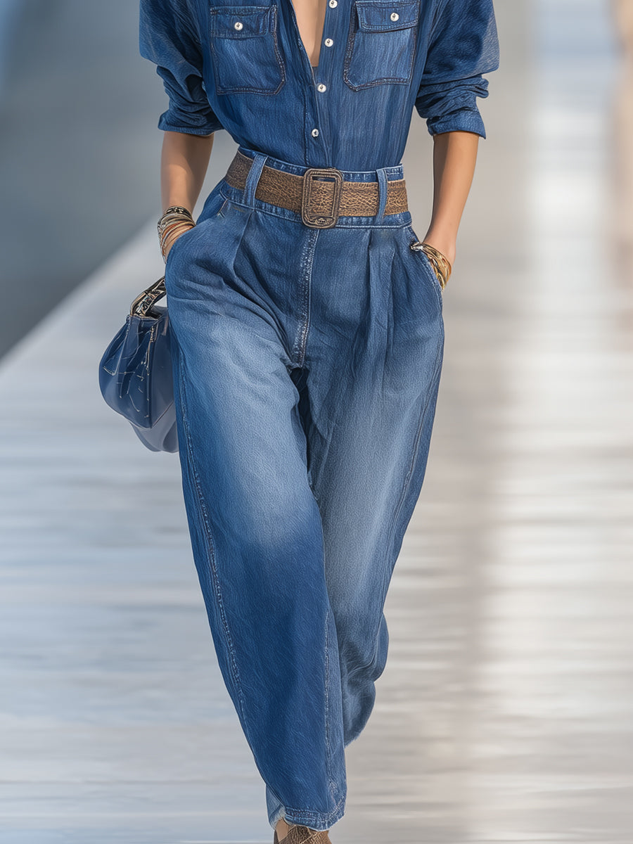 Ensemble Décontracté en Jean Bleu avec Pantalons Amples