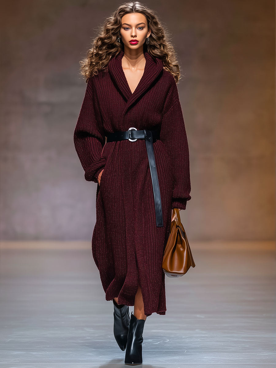 Chic Manteau Tricoté à Capuche avec Ceinture et Coupe Ample