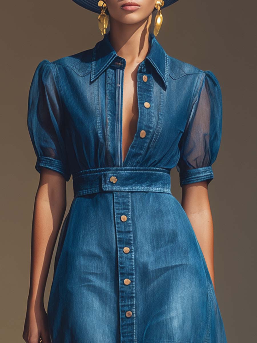 Maxi Robe en Denim Bleu avec V-Cou, Boutons Frontaux et Manches Courtes en Organza