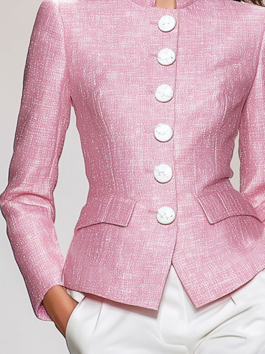 Veste en Tweed Élégante avec Col Montant et Fermeture Boutonnée