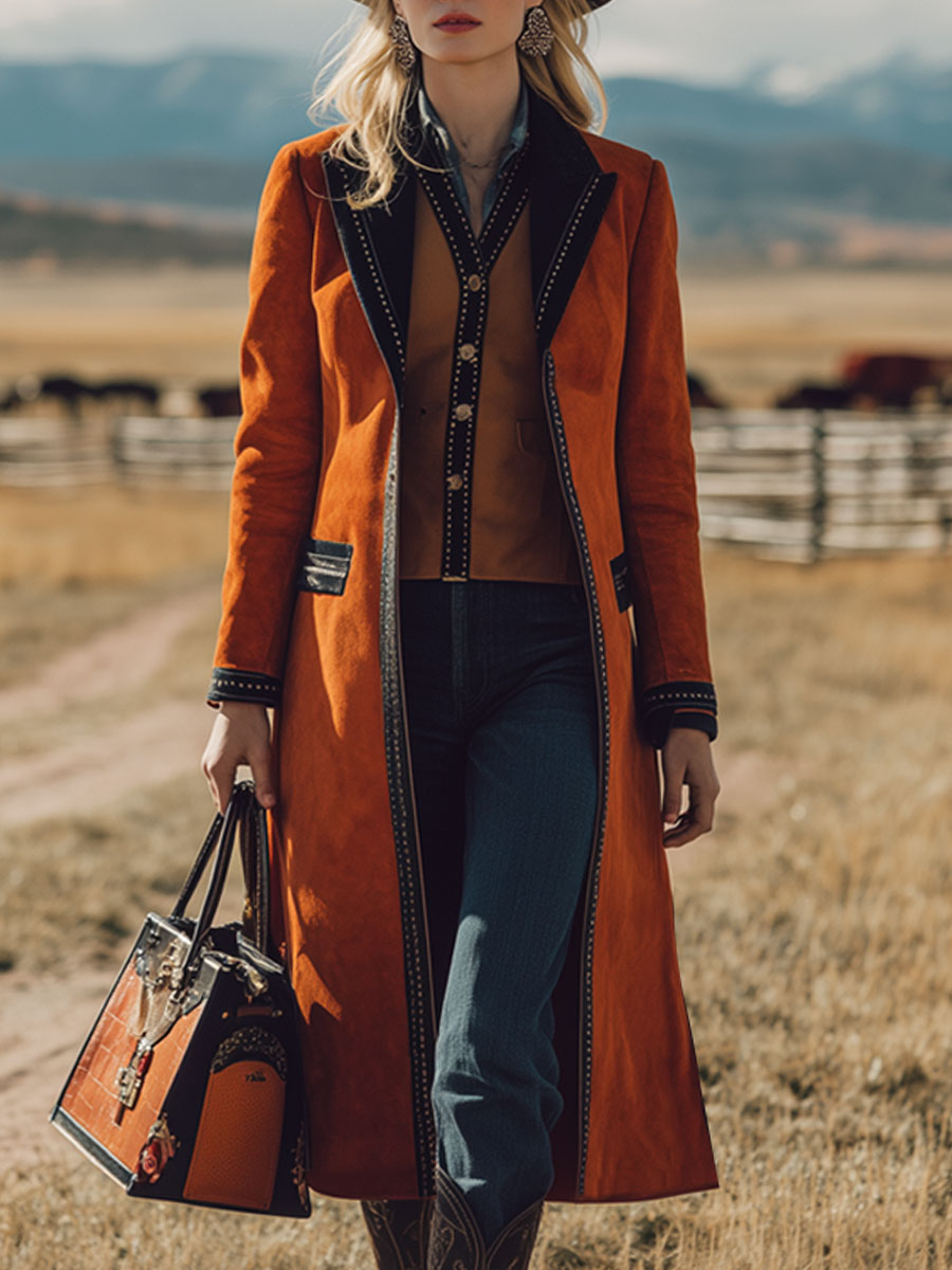 Veste en Faux Suède Orange Nomade au Style Western Rétro avec Détails Noirs