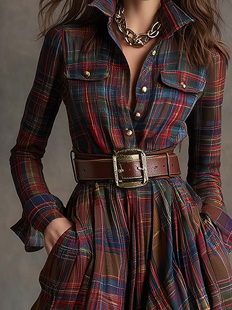 Robe Maxi Rétro à Carreaux Marron Rouge avec Col Ethnique